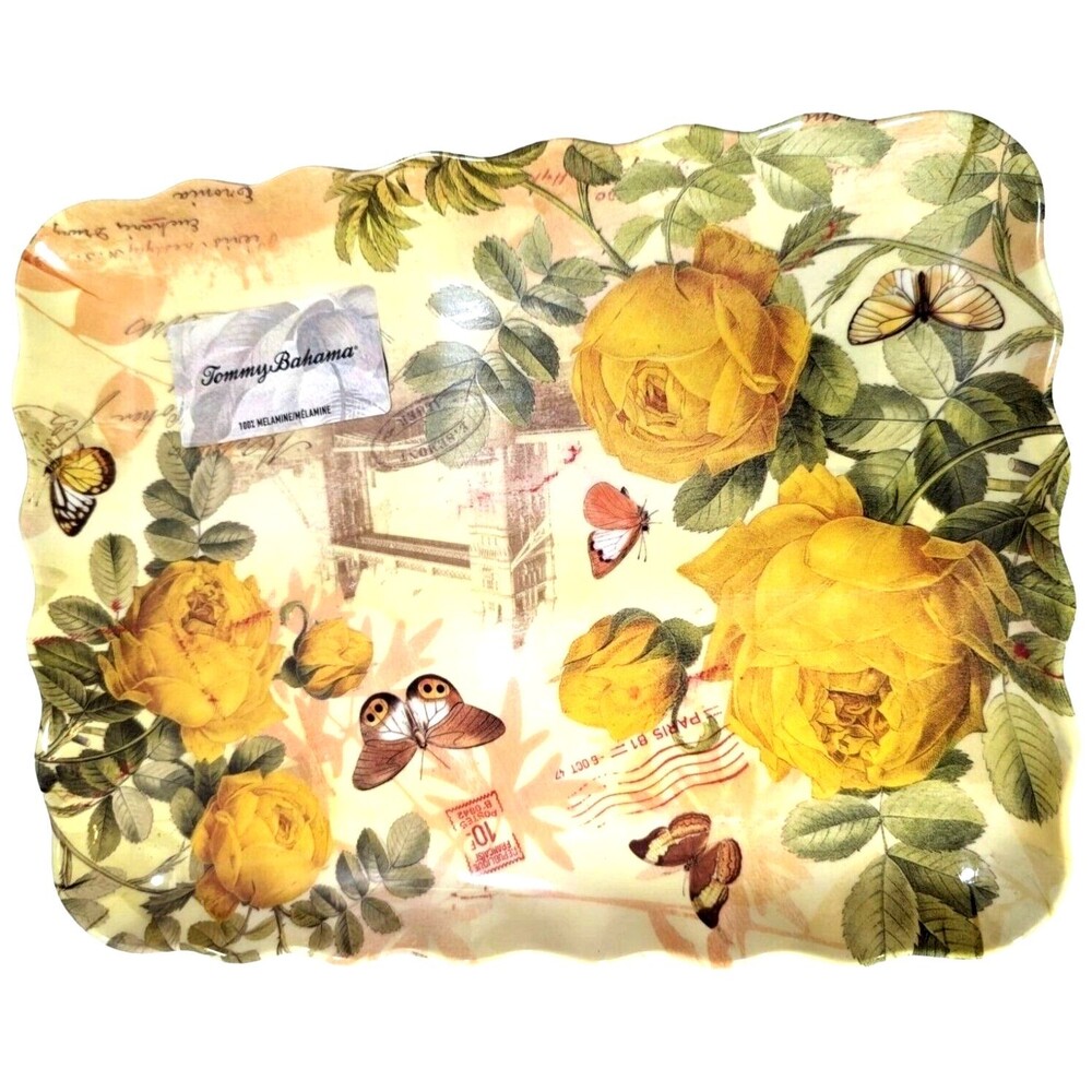 Yellow Rose & Butterfly Serving Tray French Postage Stamp Platter Melamine Plate